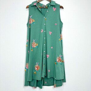 Figueroa & Flower Size Large Green Floral Embroidered Collared A Line Dress